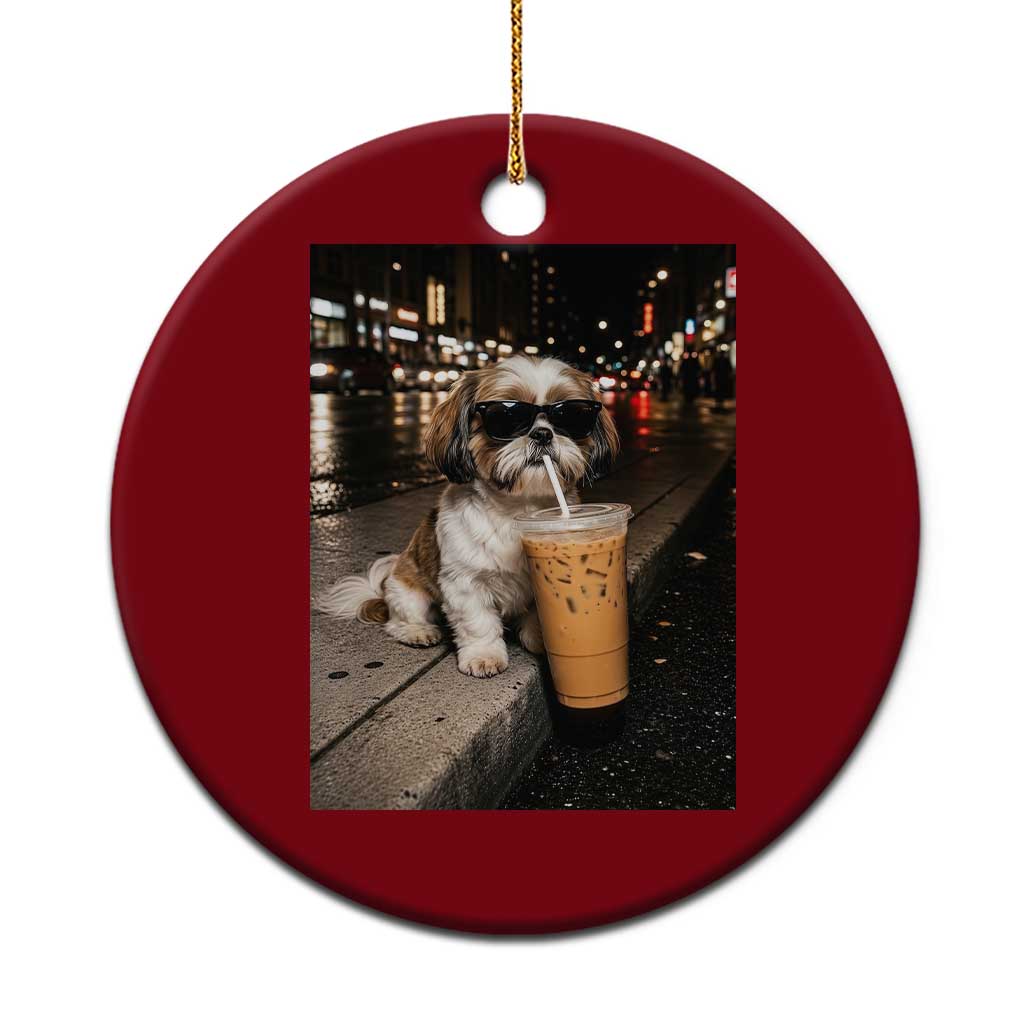 Funny Shih Tzu Drinking Iced Coffee Ceramic Ornament Vintage Dog Lover