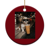 Funny Shih Tzu Drinking Iced Coffee Ceramic Ornament Vintage Dog Lover