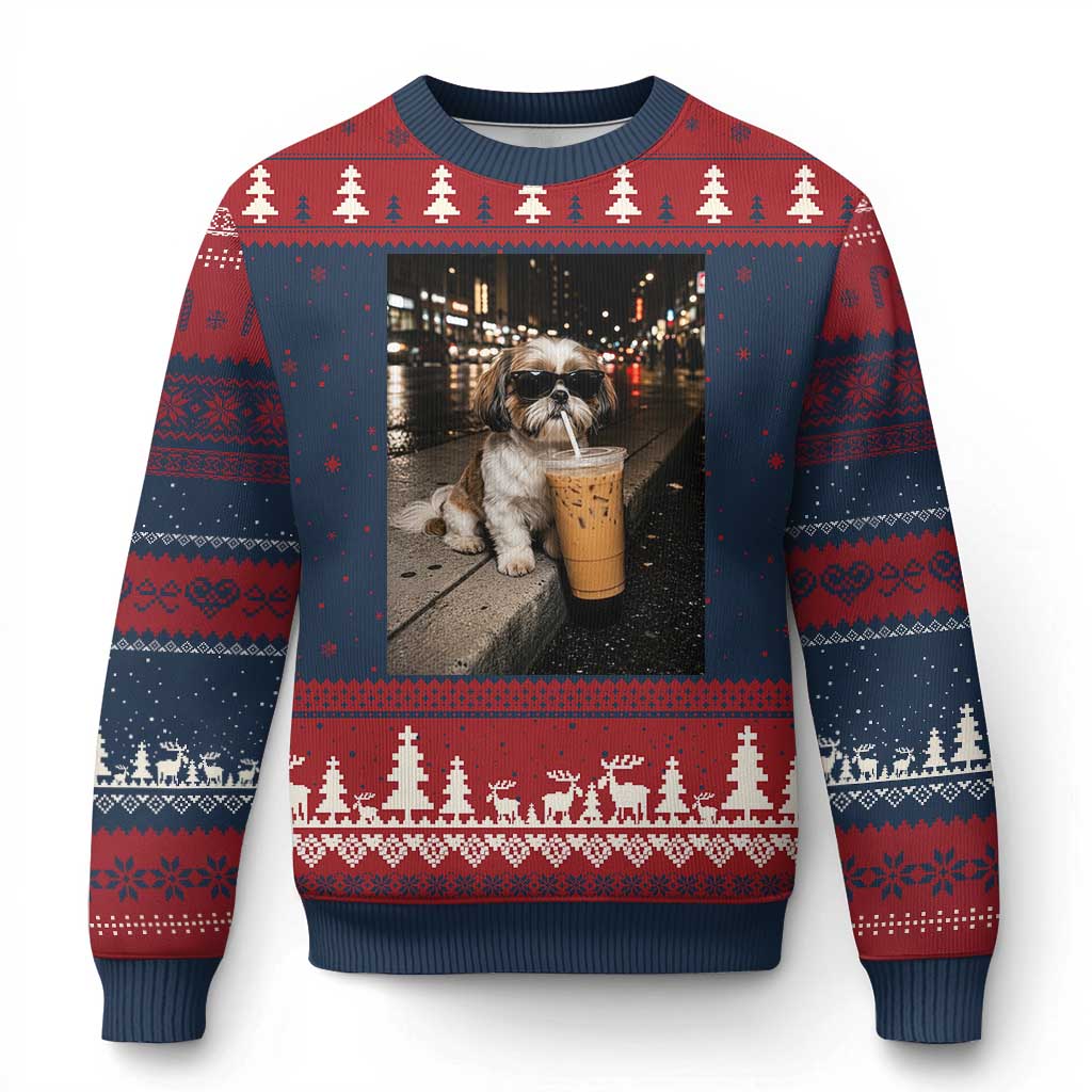 Funny Shih Tzu Drinking Iced Coffee Ugly Christmas Sweater Vintage Dog Lover