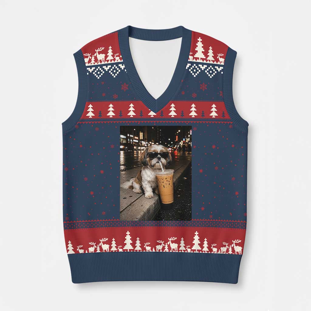 Funny Shih Tzu Drinking Iced Coffee V-Neck Knit Sweater Vest Vintage Dog Lover