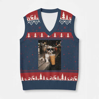 Funny Shih Tzu Drinking Iced Coffee V-Neck Knit Sweater Vest Vintage Dog Lover