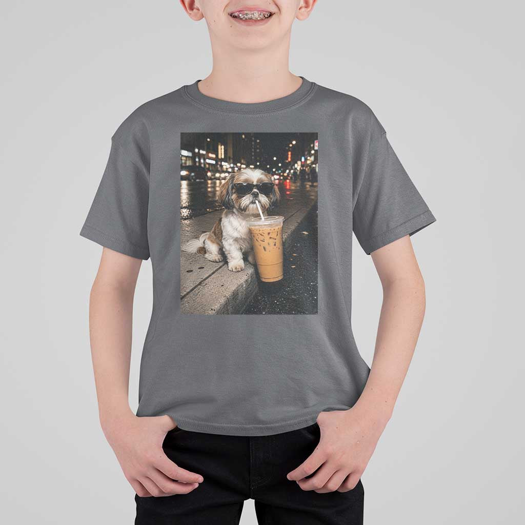 Funny Shih Tzu Drinking Iced Coffee T Shirt For Kid Vintage Dog Lover