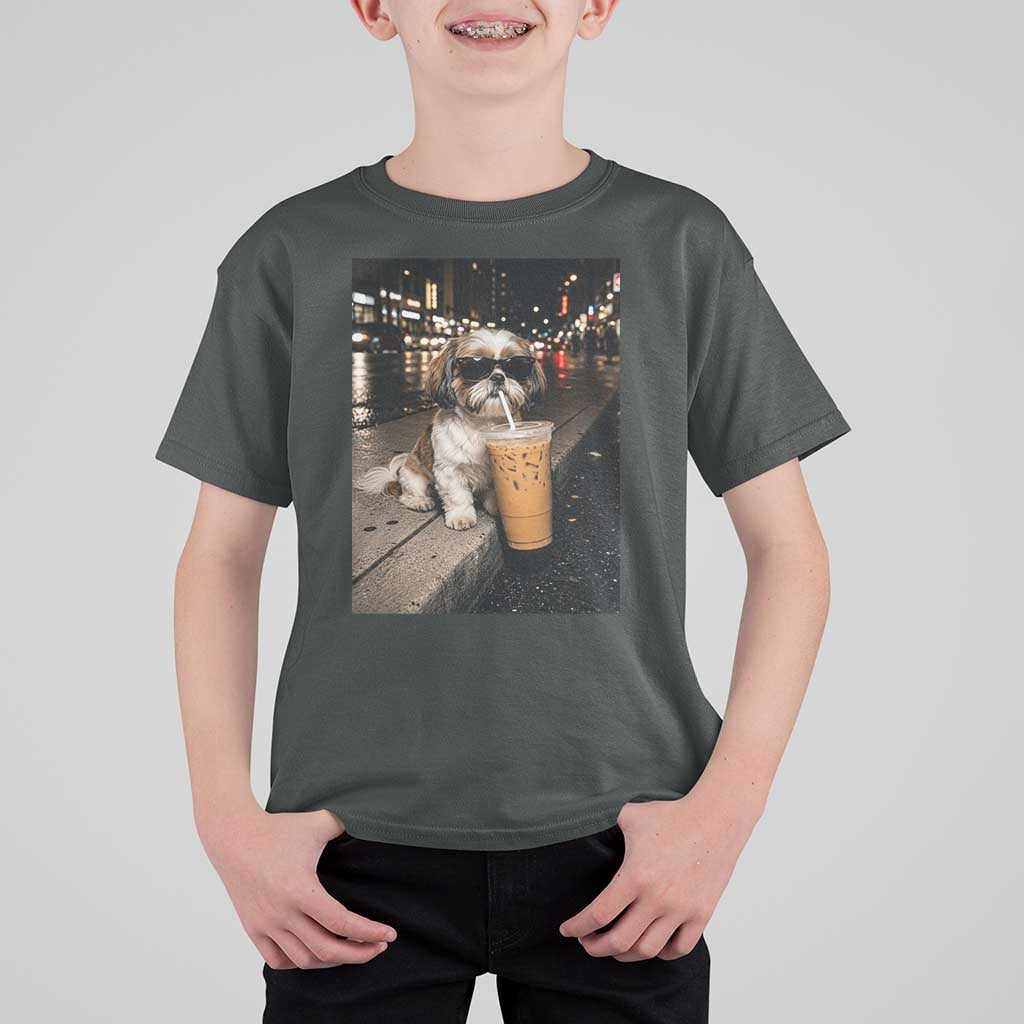 Funny Shih Tzu Drinking Iced Coffee T Shirt For Kid Vintage Dog Lover