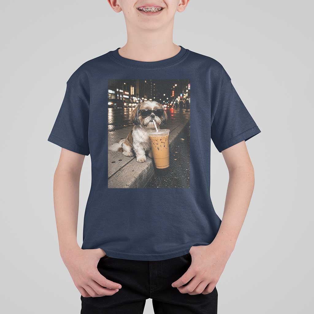 Funny Shih Tzu Drinking Iced Coffee T Shirt For Kid Vintage Dog Lover