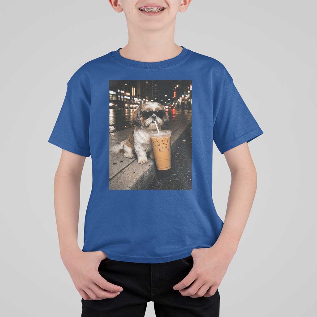 Funny Shih Tzu Drinking Iced Coffee T Shirt For Kid Vintage Dog Lover