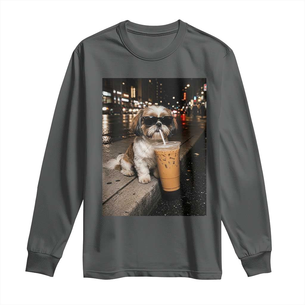 Funny Shih Tzu Drinking Iced Coffee Long Sleeve Shirt Vintage Dog Lover