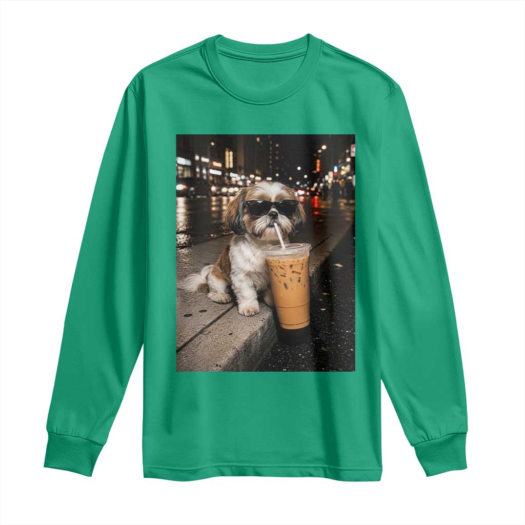 Funny Shih Tzu Drinking Iced Coffee Long Sleeve Shirt Vintage Dog Lover