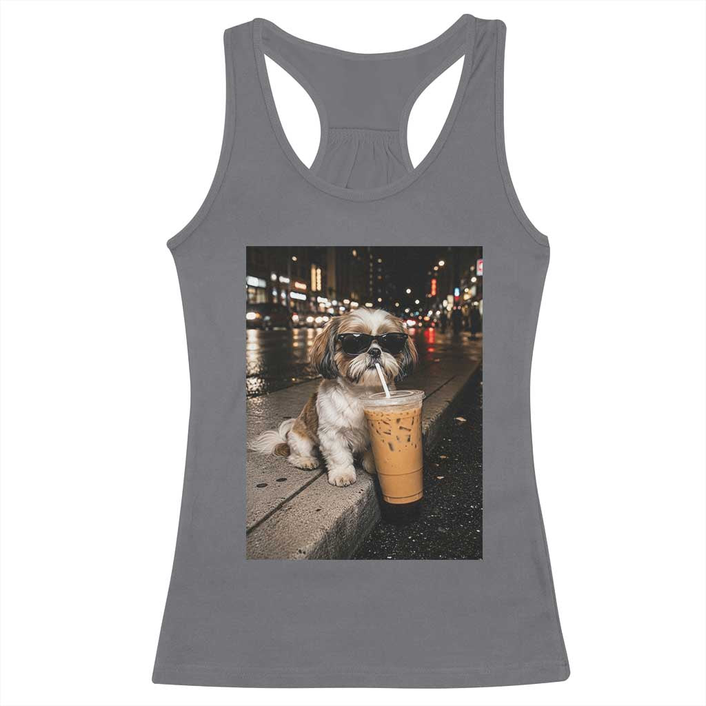 Funny Shih Tzu Drinking Iced Coffee Racerback Tank Top Vintage Dog Lover