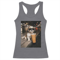 Funny Shih Tzu Drinking Iced Coffee Racerback Tank Top Vintage Dog Lover