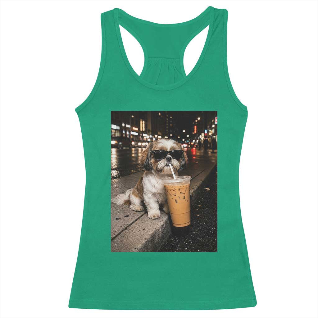 Funny Shih Tzu Drinking Iced Coffee Racerback Tank Top Vintage Dog Lover