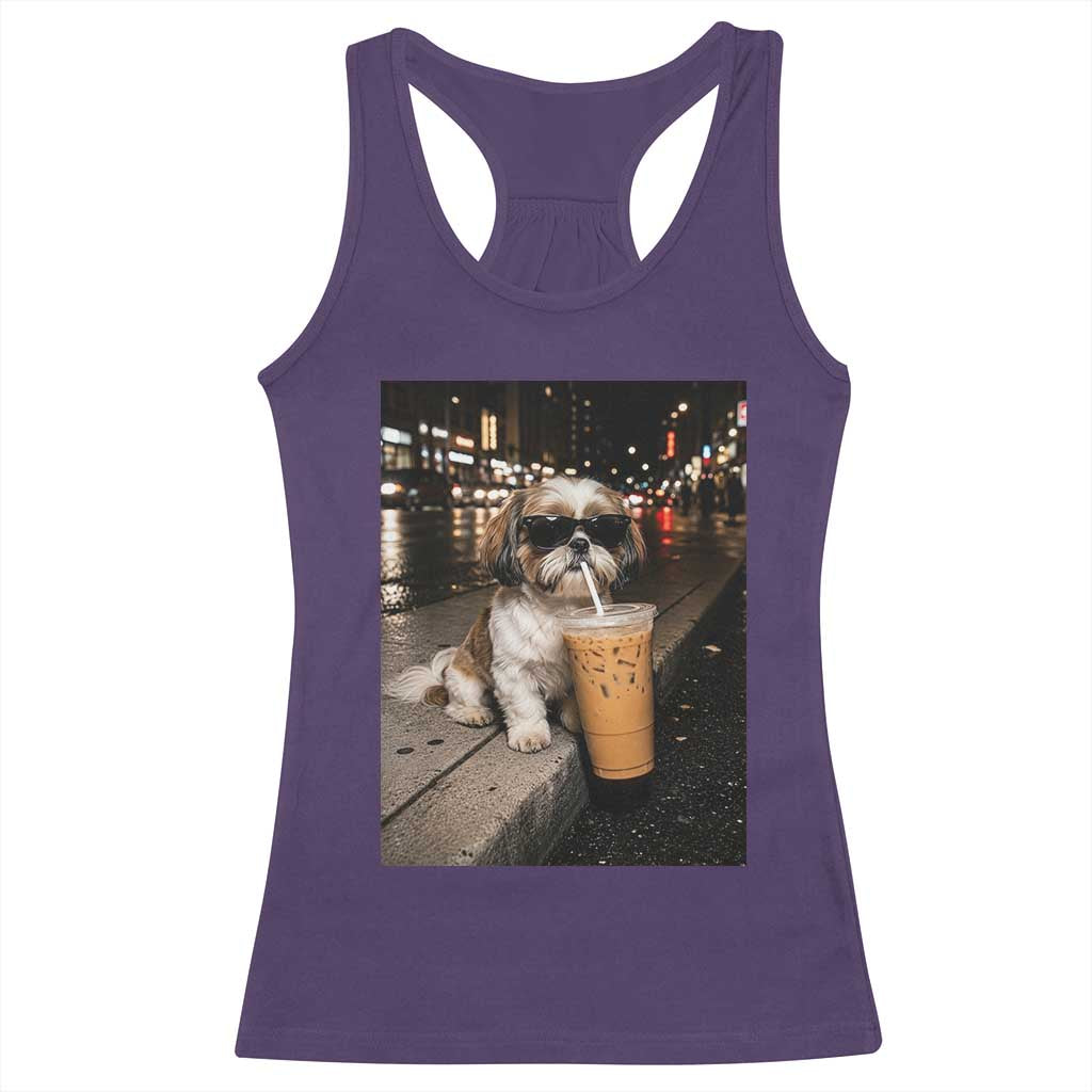 Funny Shih Tzu Drinking Iced Coffee Racerback Tank Top Vintage Dog Lover