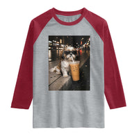 Funny Shih Tzu Drinking Iced Coffee Raglan Shirt Vintage Dog Lover