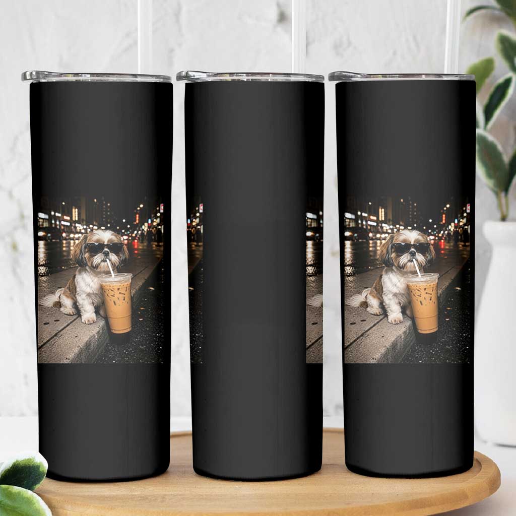 Funny Shih Tzu Drinking Iced Coffee Skinny Tumbler Vintage Dog Lover