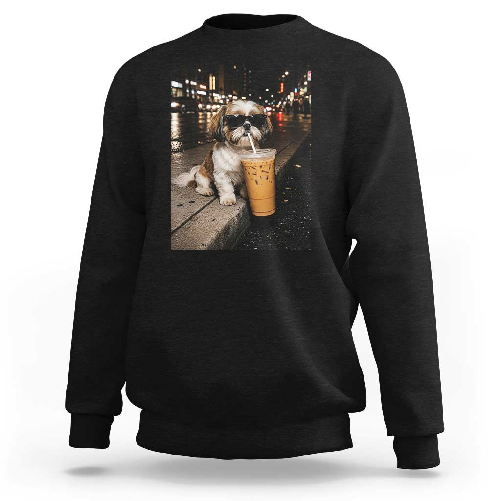 Funny Shih Tzu Drinking Iced Coffee Sweatshirt Vintage Dog Lover