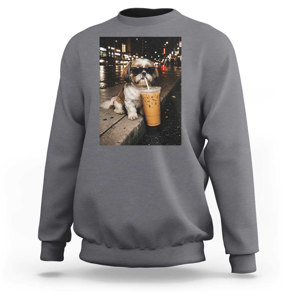 Funny Shih Tzu Drinking Iced Coffee Sweatshirt Vintage Dog Lover