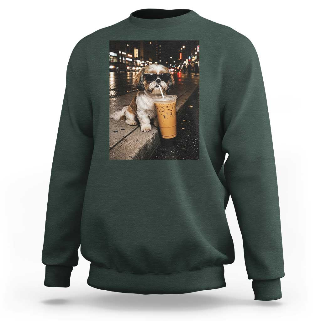 Funny Shih Tzu Drinking Iced Coffee Sweatshirt Vintage Dog Lover