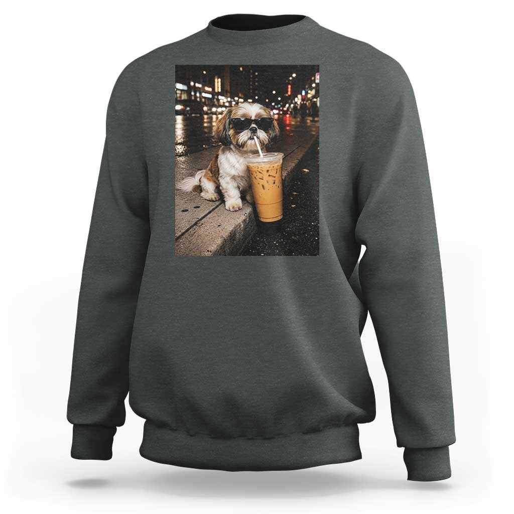 Funny Shih Tzu Drinking Iced Coffee Sweatshirt Vintage Dog Lover