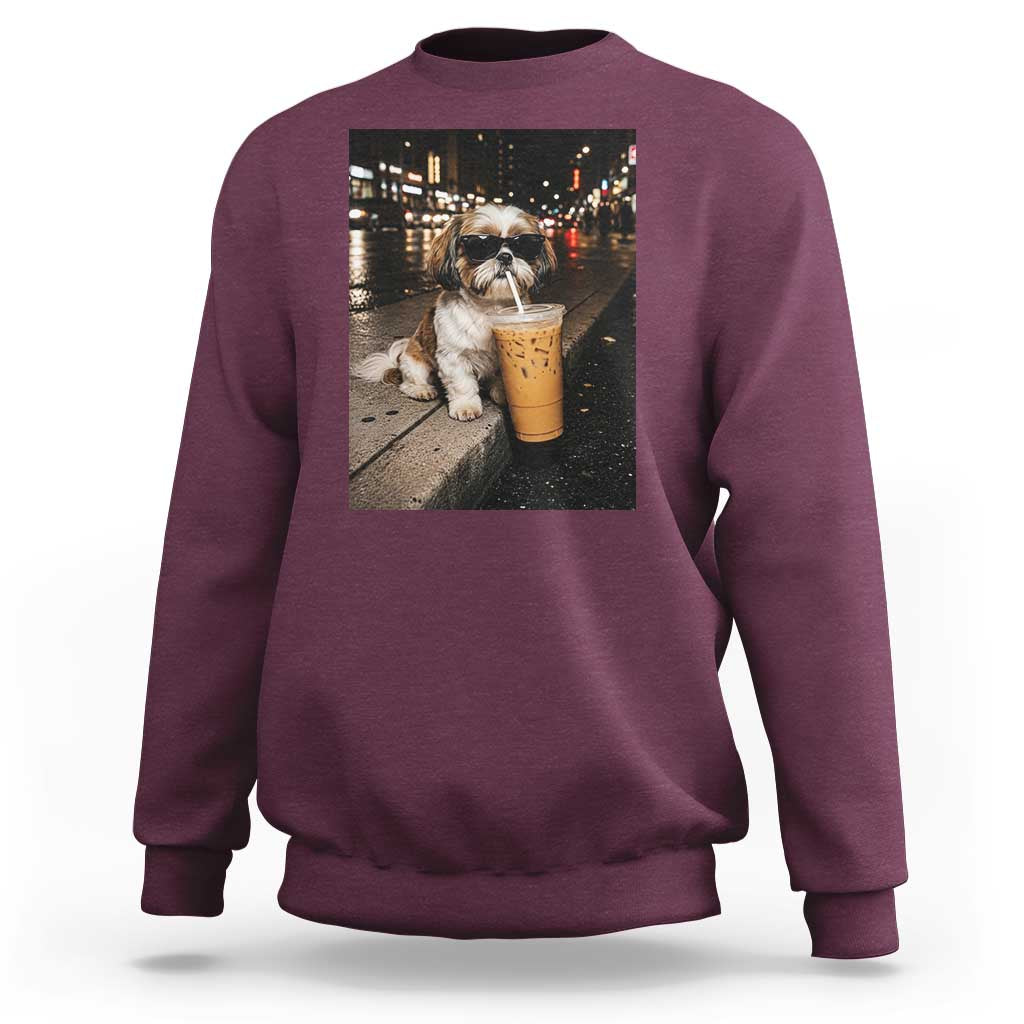 Funny Shih Tzu Drinking Iced Coffee Sweatshirt Vintage Dog Lover