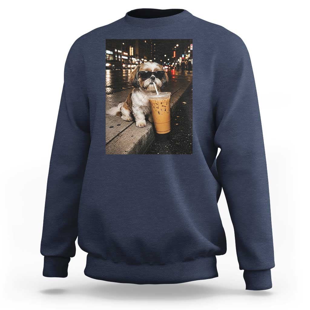 Funny Shih Tzu Drinking Iced Coffee Sweatshirt Vintage Dog Lover