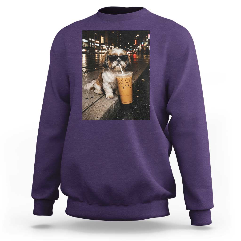 Funny Shih Tzu Drinking Iced Coffee Sweatshirt Vintage Dog Lover