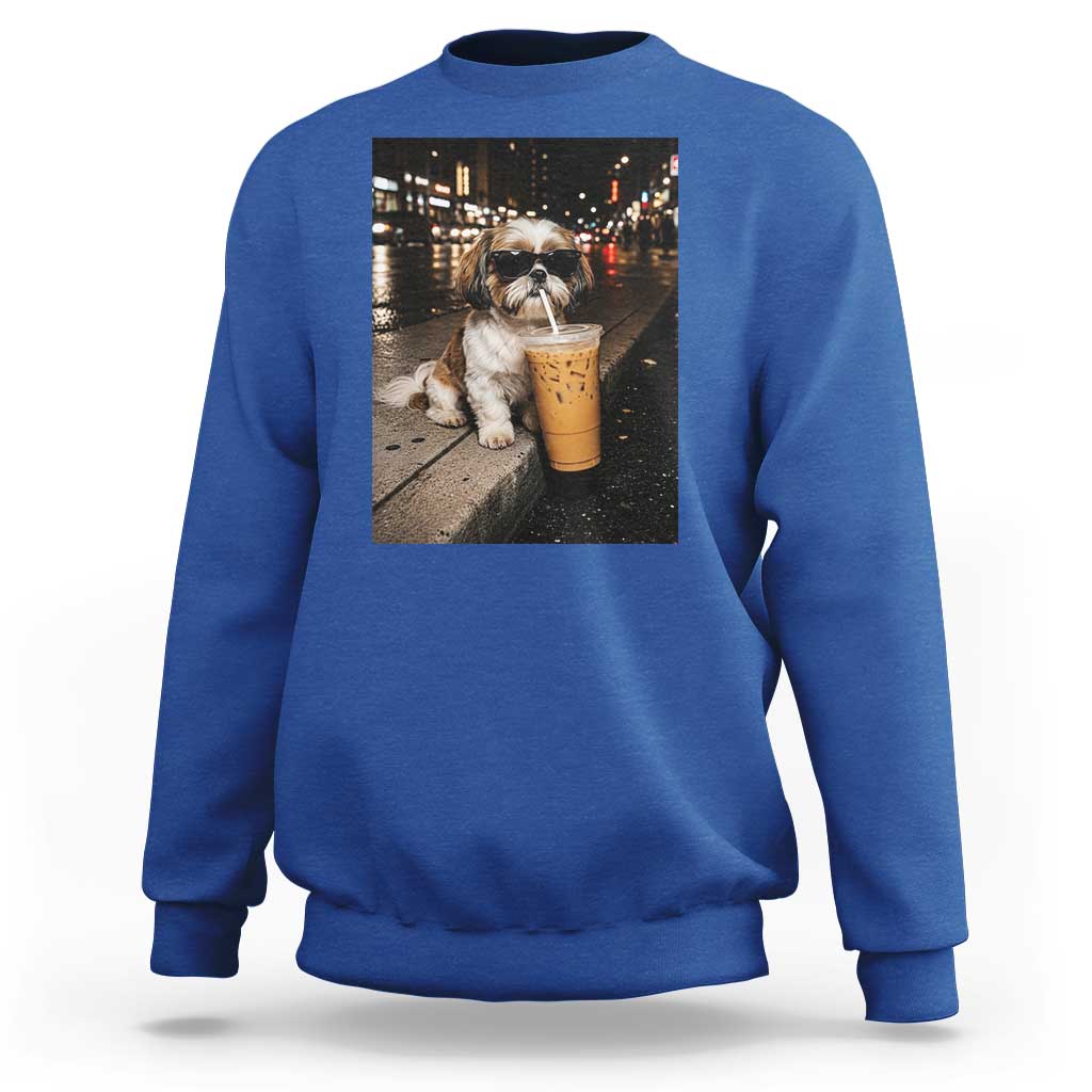Funny Shih Tzu Drinking Iced Coffee Sweatshirt Vintage Dog Lover