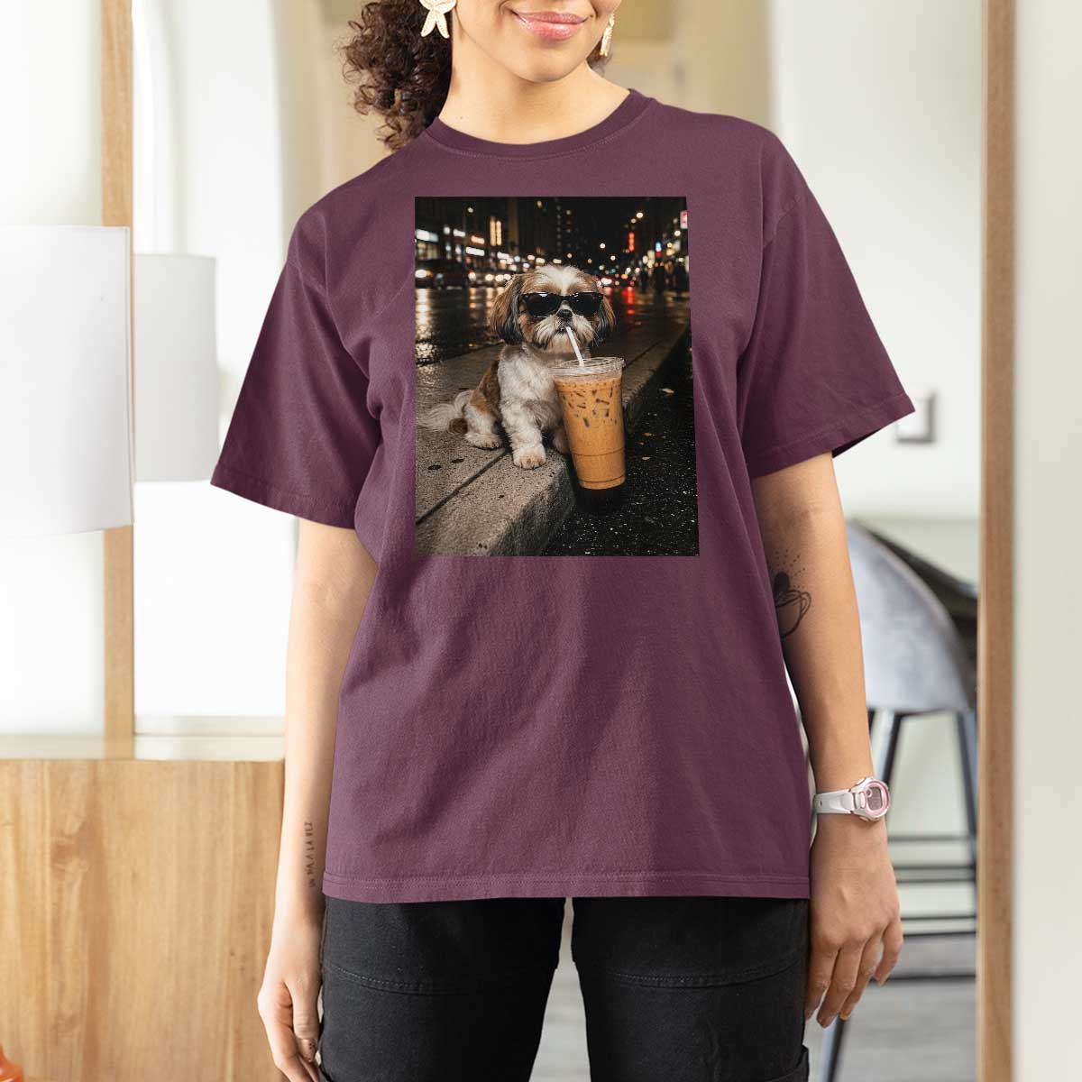 Funny Shih Tzu Drinking Iced Coffee T Shirt For Women Vintage Dog Lover