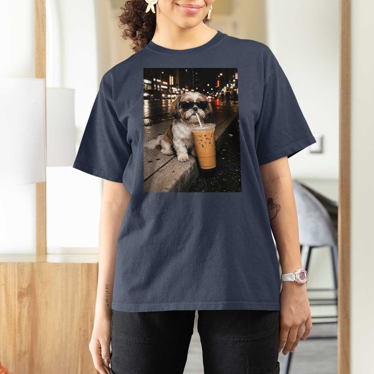 Funny Shih Tzu Drinking Iced Coffee T Shirt For Women Vintage Dog Lover