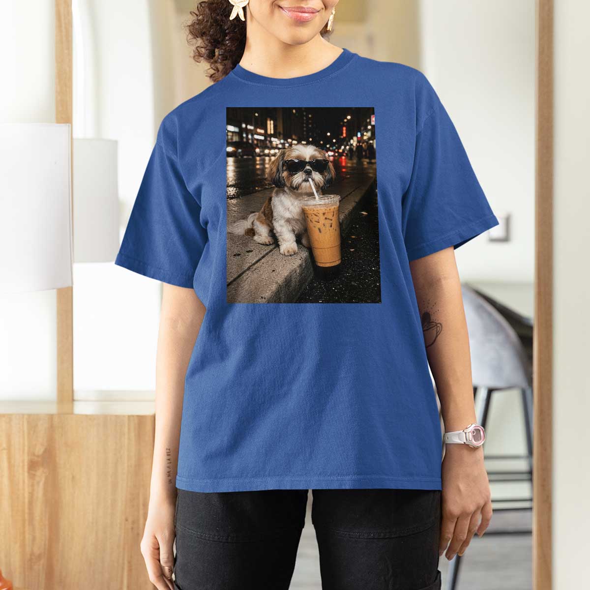 Funny Shih Tzu Drinking Iced Coffee T Shirt For Women Vintage Dog Lover