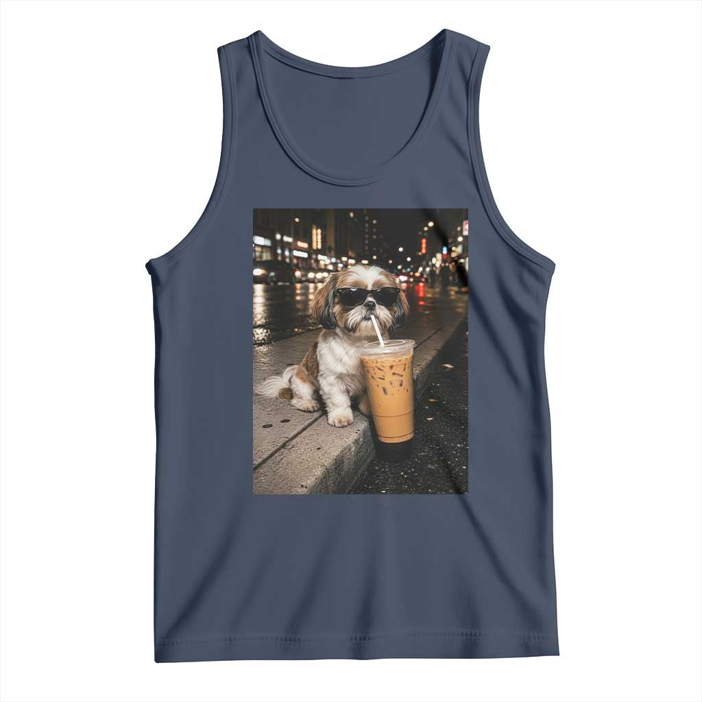 Funny Shih Tzu Drinking Iced Coffee Tank Top Vintage Dog Lover