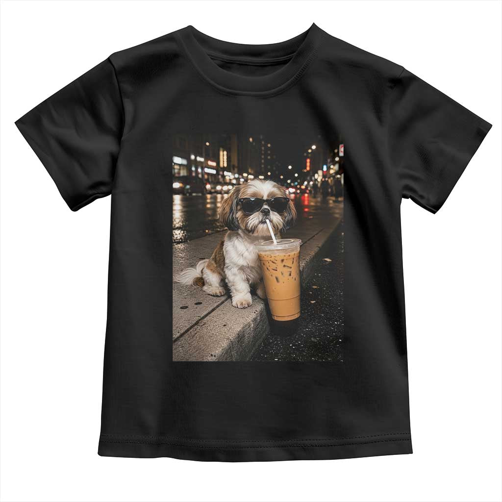 Funny Shih Tzu Drinking Iced Coffee Toddler T Shirt Vintage Dog Lover