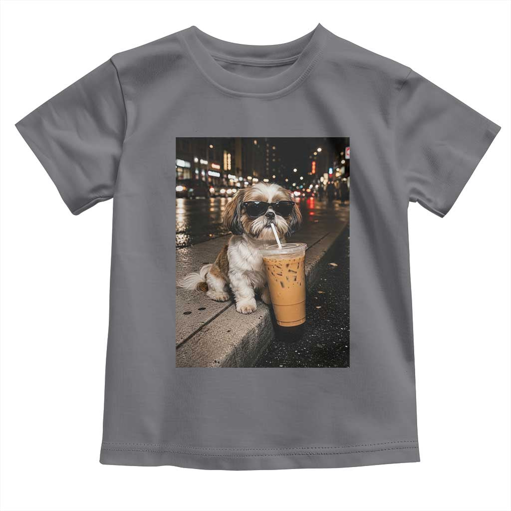 Funny Shih Tzu Drinking Iced Coffee Toddler T Shirt Vintage Dog Lover