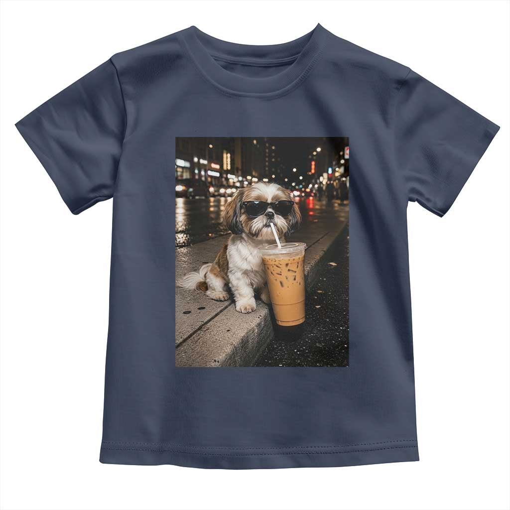 Funny Shih Tzu Drinking Iced Coffee Toddler T Shirt Vintage Dog Lover