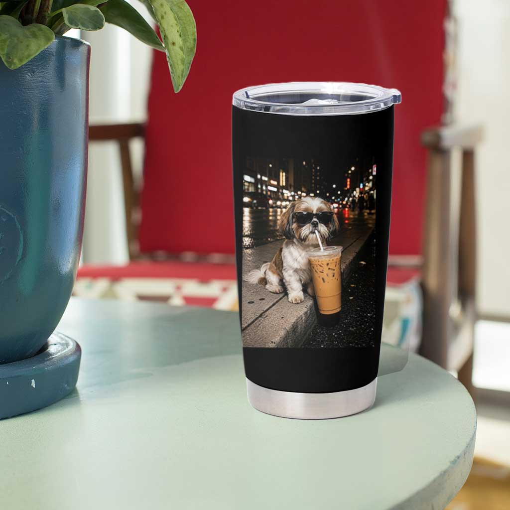 Funny Shih Tzu Drinking Iced Coffee Tumbler Cup Vintage Dog Lover