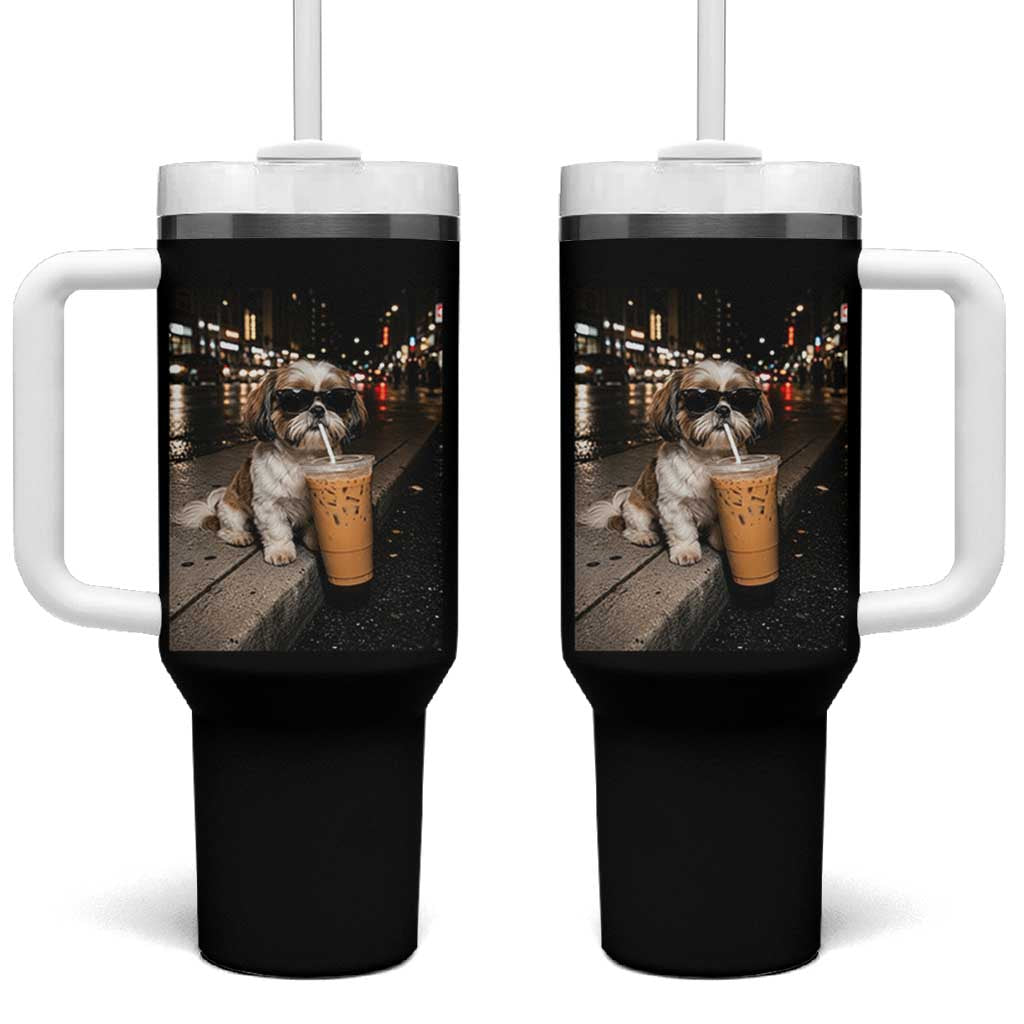 Funny Shih Tzu Drinking Iced Coffee Tumbler With Handle Vintage Dog Lover