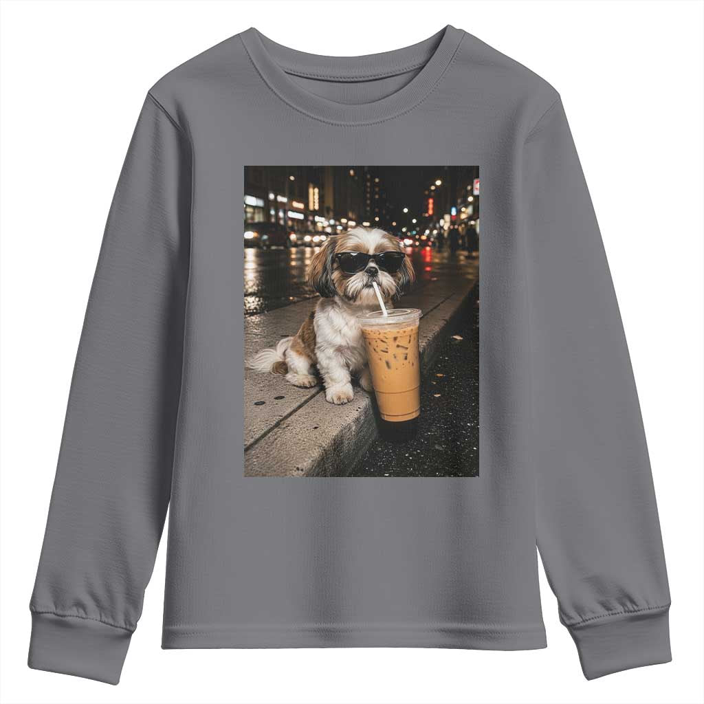 Funny Shih Tzu Drinking Iced Coffee Youth Sweatshirt Vintage Dog Lover