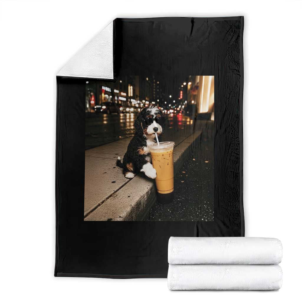 Bernedoodle Dog Drinking Iced Coffee Throw Blanket Funny Coffee Lover Gift for Dog Moms Dads