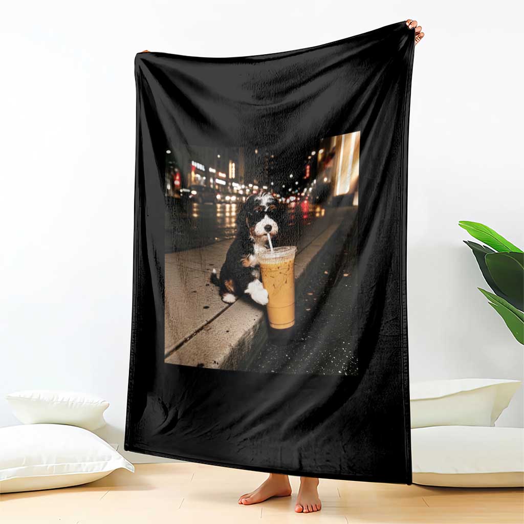 Bernedoodle Dog Drinking Iced Coffee Throw Blanket Funny Coffee Lover Gift for Dog Moms Dads