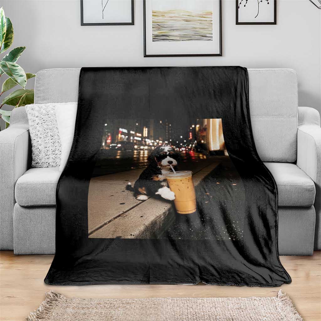 Bernedoodle Dog Drinking Iced Coffee Throw Blanket Funny Coffee Lover Gift for Dog Moms Dads