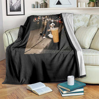 Bernedoodle Dog Drinking Iced Coffee Throw Blanket Funny Coffee Lover Gift for Dog Moms Dads
