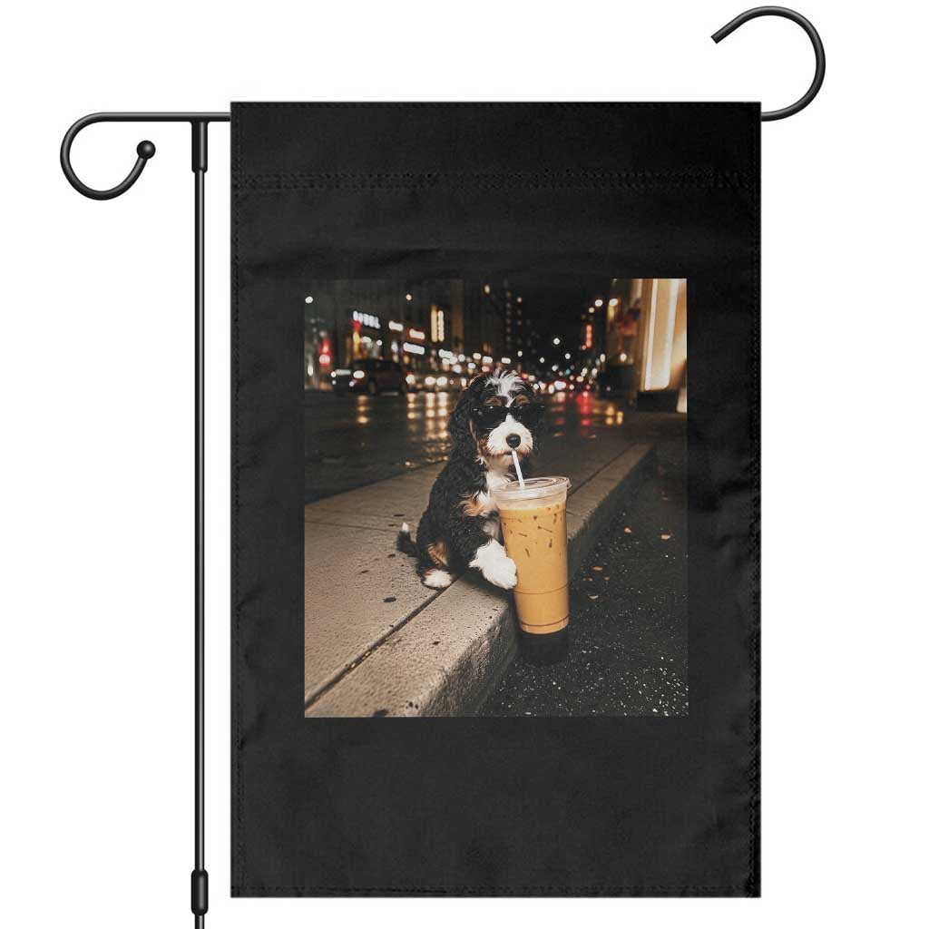 Bernedoodle Dog Drinking Iced Coffee Garden Flag Funny Coffee Lover Gift for Dog Moms Dads