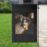 Bernedoodle Dog Drinking Iced Coffee Garden Flag Funny Coffee Lover Gift for Dog Moms Dads