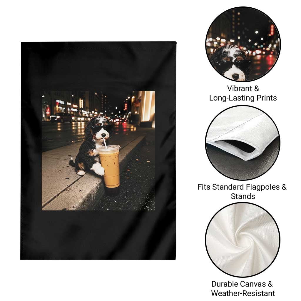 Bernedoodle Dog Drinking Iced Coffee Garden Flag Funny Coffee Lover Gift for Dog Moms Dads