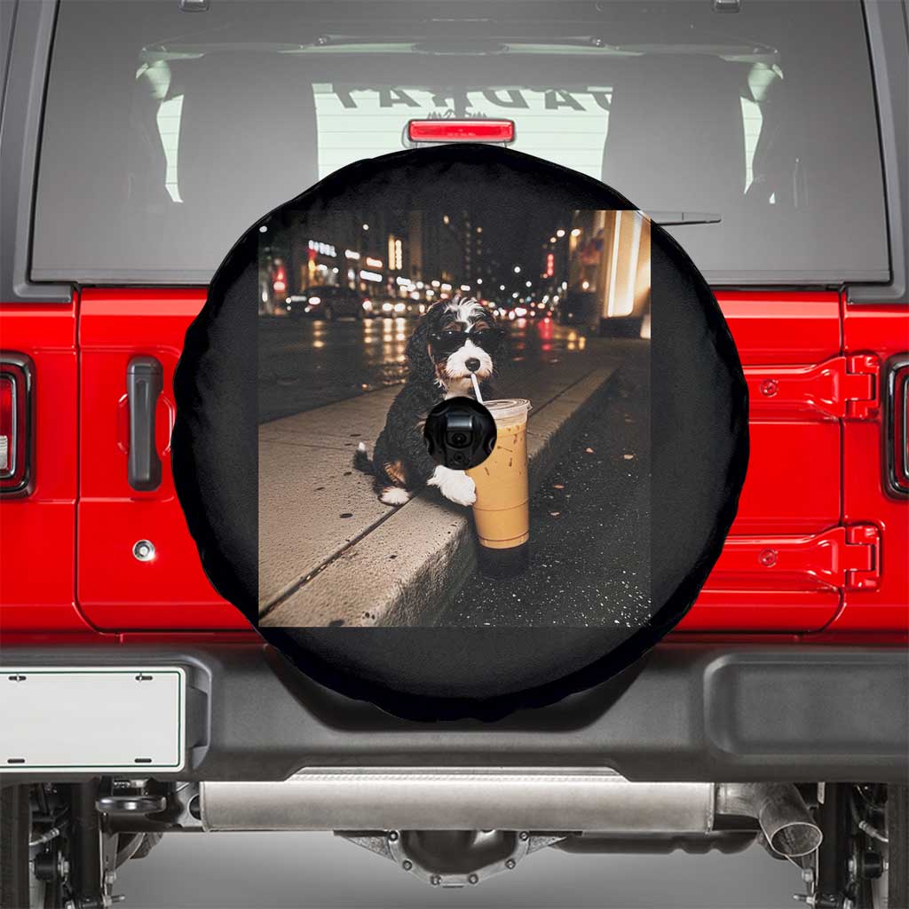 Bernedoodle Dog Drinking Iced Coffee Spare Tire Cover Funny Coffee Lover Gift for Dog Moms Dads