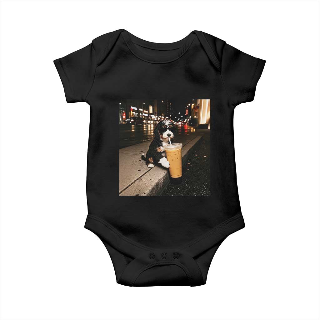 Bernedoodle Dog Drinking Iced Coffee Baby Onesie Funny Coffee Lover Gift for Dog Moms Dads