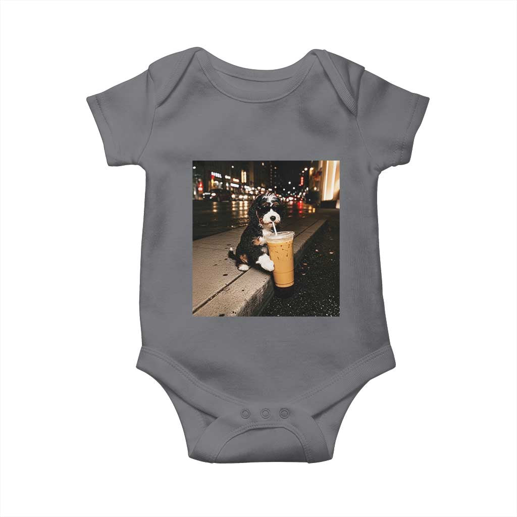 Bernedoodle Dog Drinking Iced Coffee Baby Onesie Funny Coffee Lover Gift for Dog Moms Dads