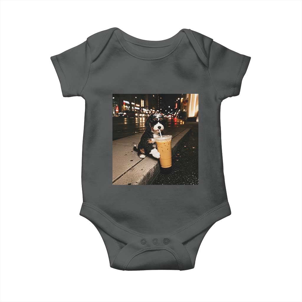 Bernedoodle Dog Drinking Iced Coffee Baby Onesie Funny Coffee Lover Gift for Dog Moms Dads