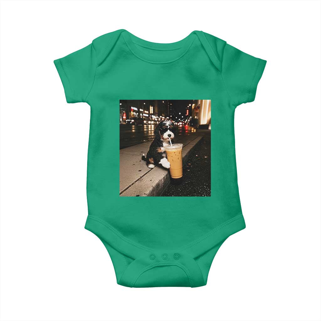 Bernedoodle Dog Drinking Iced Coffee Baby Onesie Funny Coffee Lover Gift for Dog Moms Dads