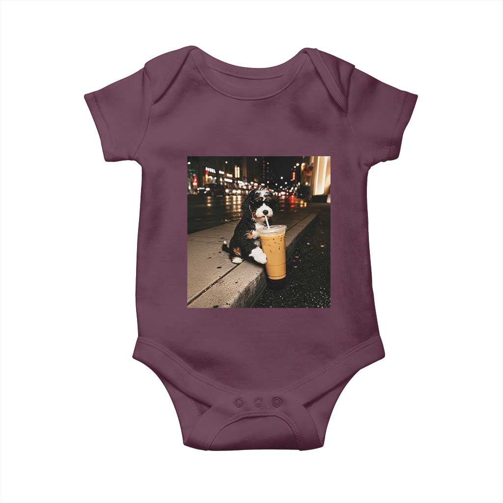 Bernedoodle Dog Drinking Iced Coffee Baby Onesie Funny Coffee Lover Gift for Dog Moms Dads
