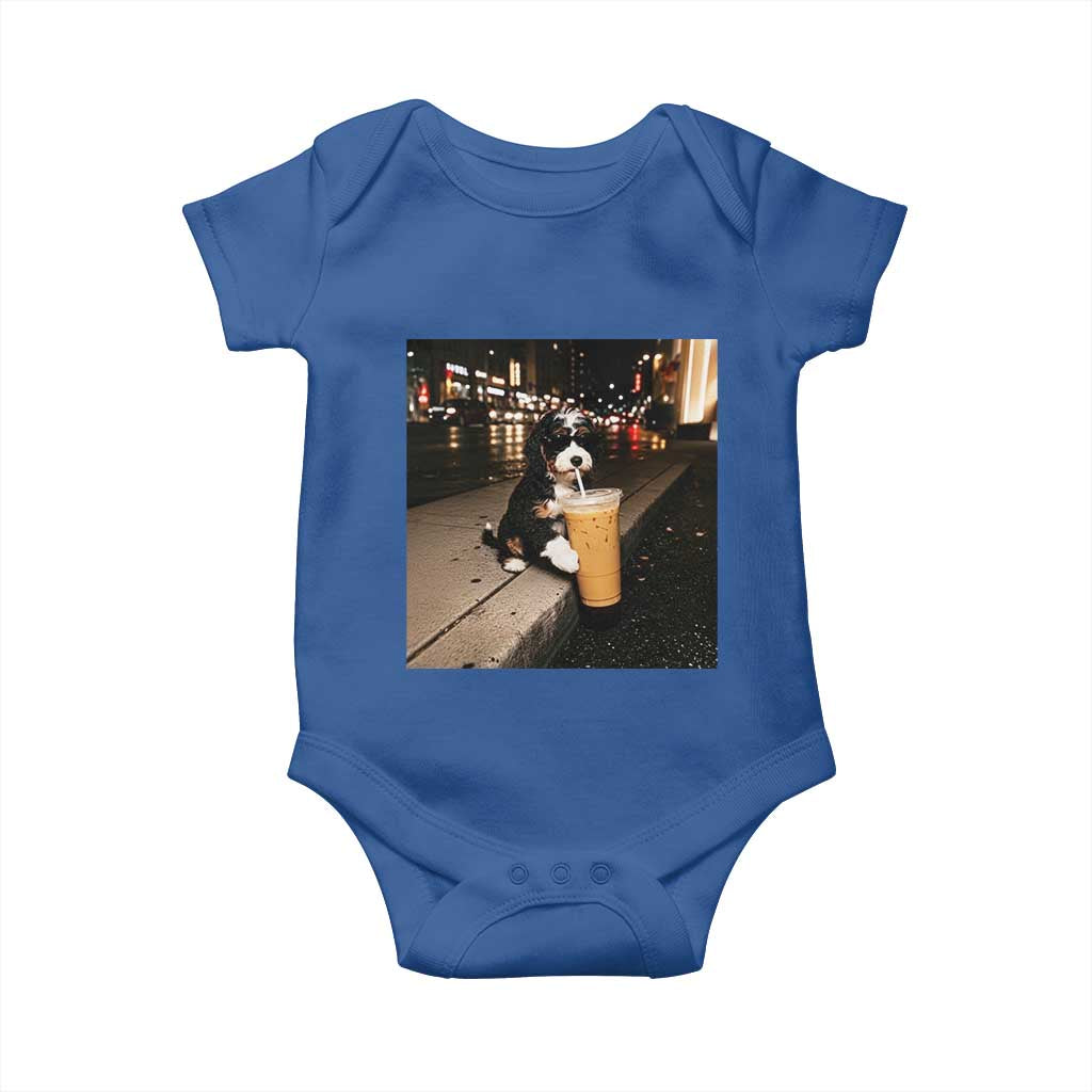 Bernedoodle Dog Drinking Iced Coffee Baby Onesie Funny Coffee Lover Gift for Dog Moms Dads