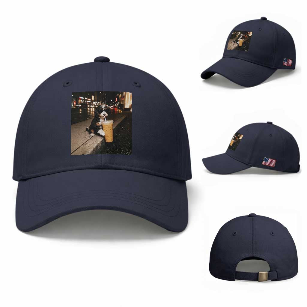 Bernedoodle Dog Drinking Iced Coffee Baseball Cap Funny Coffee Lover Gift for Dog Moms Dads